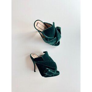 NWOB N.21 Dark Green Velvet Bow Knotted Peep Toe High Heel Mules, Size 36